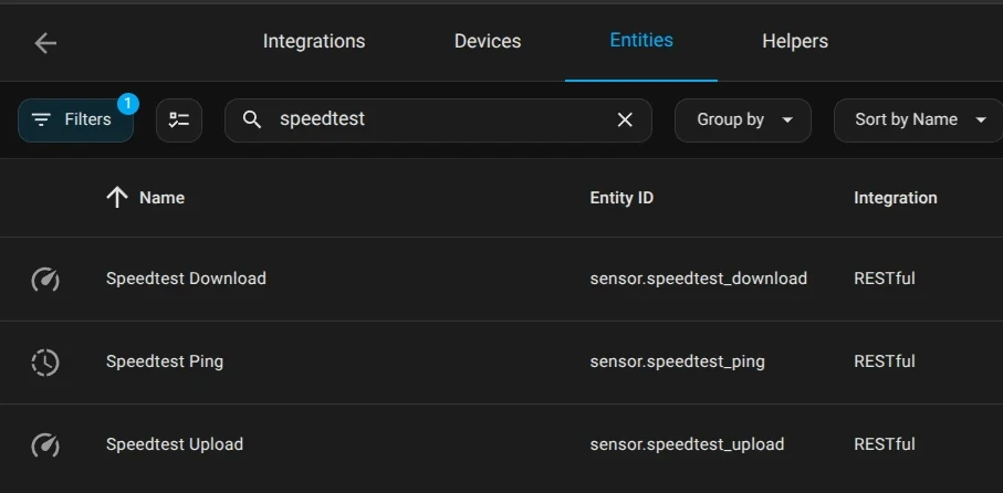 Speedtest sensor entities screenshot