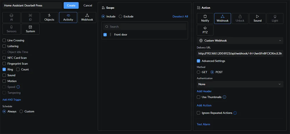 UniFi Protect Create Alarm